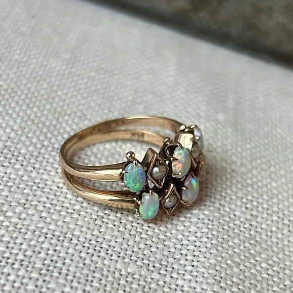 Antique 14K Seed Pearl & Opal Double Ring - Picture 2 of 8
